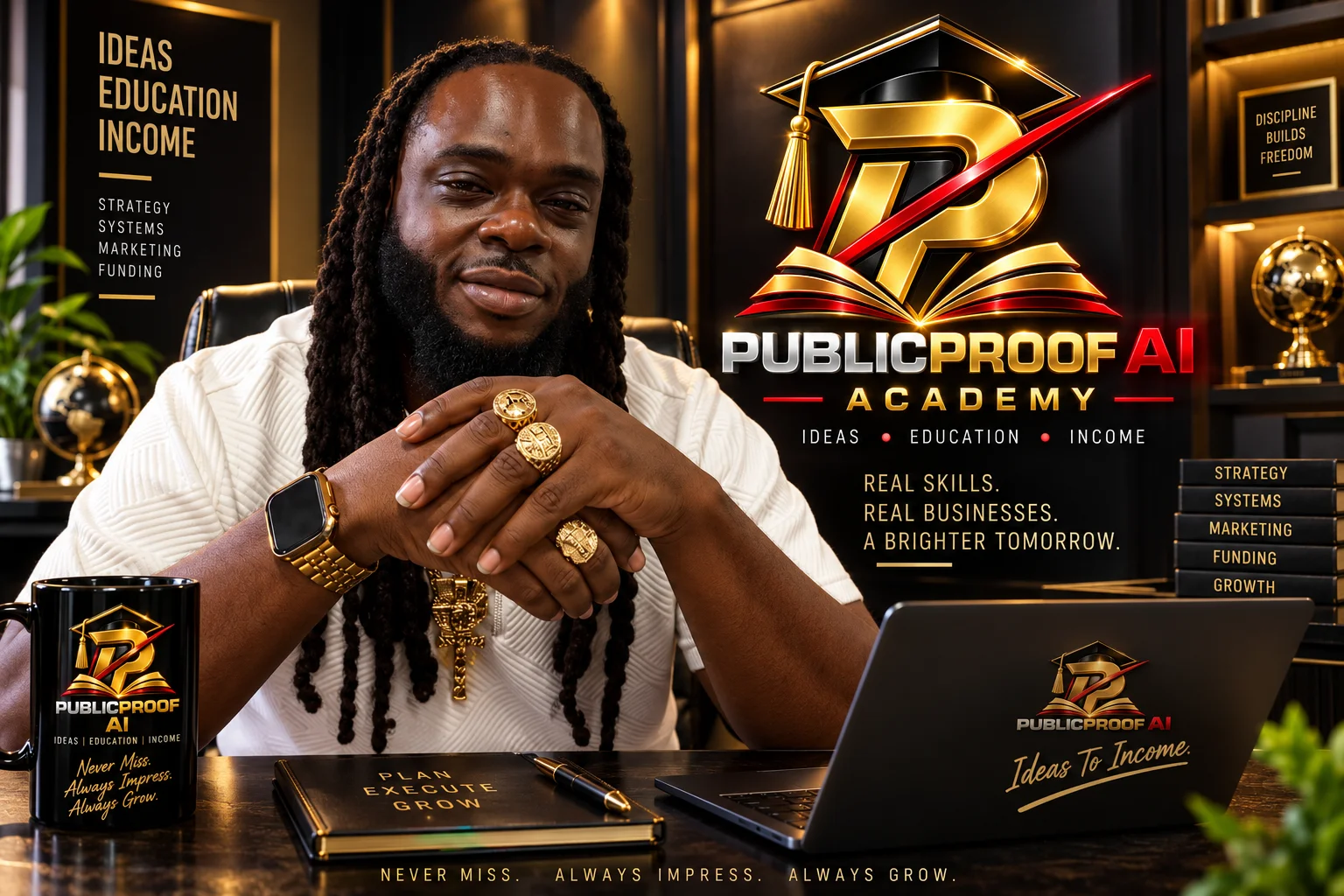Keith Clay-Terrell with PublicProof AI Academy branding: ideas, education, income.